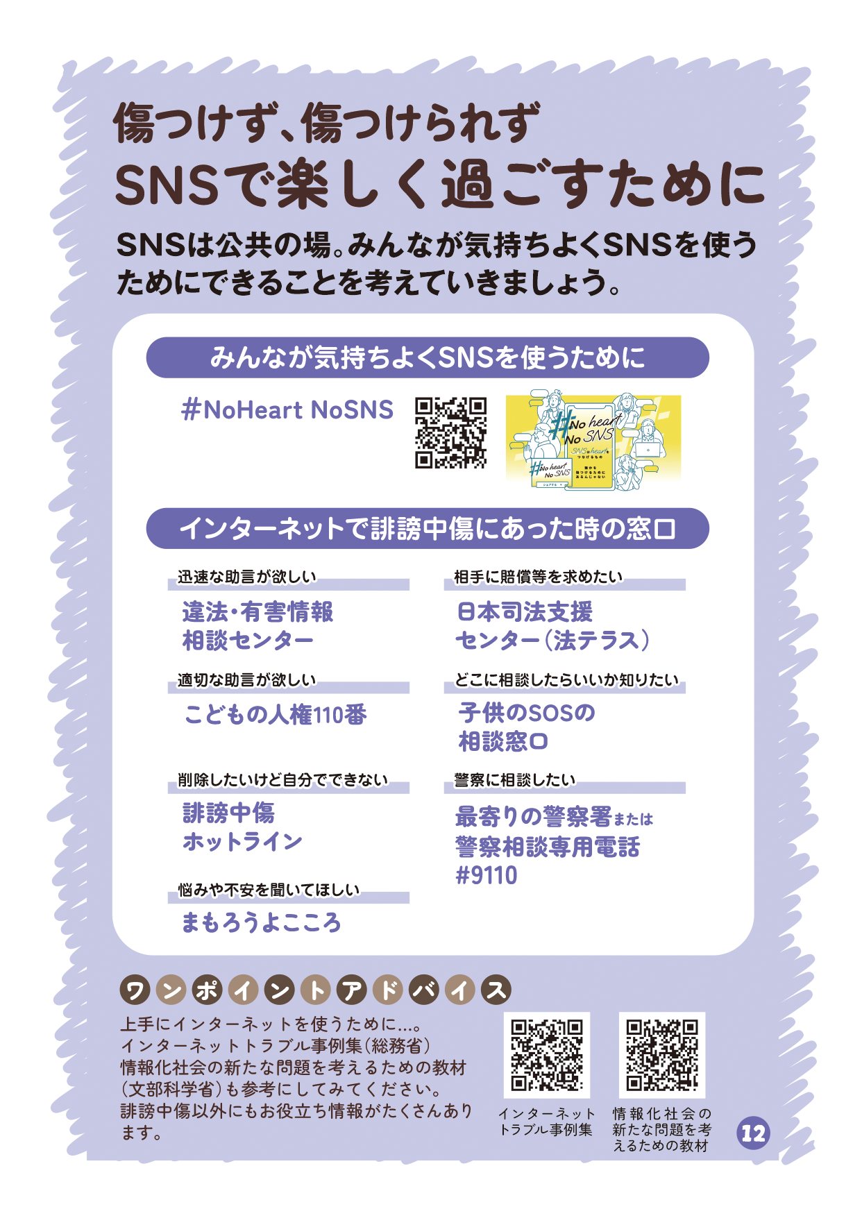 リーフレットの12ページ目の画像です。 （タイトル：傷つけず、傷つけられずSNSで楽しく過ごすために 本文：SNSは公共の場。みんなが気持ちよくSNSを使うためにできることを考えていきましょう。 説明： サブタイトル：みんなが気持ちよくSNSを使うために ＃No heart No SNS サブタイトル：インターネットで誹謗中傷にあった時の窓口 迅速な助言が欲しい→違法・有害情報相談センター 相手に賠償等を求めたい→日本司法支援センター（法テラス） 適切な助言が欲しい→こどもの人権110番 どこに相談したらいいか知りたい→子供のSOSの相談窓口 削除したいけど自分でできない→誹謗中傷ホットライン 警察に相談したい→最寄りの警察署または警察相談専用電話#9110 ワンポイントアドバイス： 上手にインターネットを使うために…。 インターネットトラブル事例集（総務省） 情報化社会の新たな問題を考えるための教材（文部科学省） も参考にしてみてください。誹謗中傷以外にもお役立ち情報がたくさんあります。